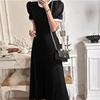 韩国东大门法式时尚黑色条纹长裙休闲泡泡袖设计感短袖连衣裙