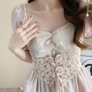 法式粉色甜美方领系带泡泡袖在逃公主连衣裙收腰显瘦蛋糕仙女裙子