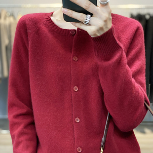2022韩版羊绒开衫女圆领毛衣加厚宽松慵懒纯色羊毛针织外套潮