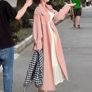 粉色风衣外套女秋季2023休闲气质，中长款大衣搭配连衣裙两件套