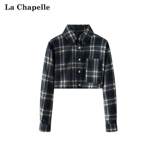 拉夏贝尔/La Chapelle 长袖宽松休闲黑白格子衬衫女秋季短款上衣