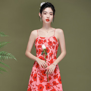 2023夏季时尚优雅红色雪纺，印花吊带连衣裙性感吊带裙