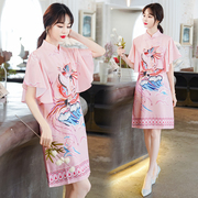 夏季时尚民族风改良版中长款旗袍中国风复古立领定位花连衣裙
