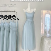 2024年夏季优雅美神蓝色蕾丝裙女重工轻奢镶钻连衣裙吊带长裙