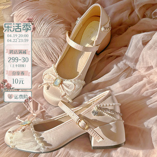 pinkyo原创法式玛丽珍鞋，甜美仙女蝴蝶结浅口单鞋，女圆头粗跟高跟鞋