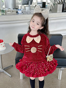 女童猫咪毛衣配蓬蓬半身tutu裙，长袖年服生日秋冬套装酒红色公主裙