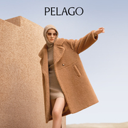 佩拉戈PELAGO纯骆驼绒长款大衣女2023秋冬小个子毛领毛呢外套