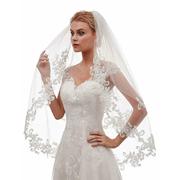 欧美外贸结婚新娘头纱白色象牙色刺绣贴花单层带梳子面纱指尖长度