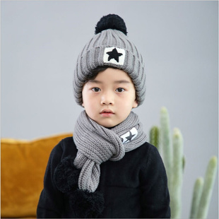 儿童帽子围巾套装五角星，两件套男女童，冬季保暖宝宝加绒加厚帽子潮