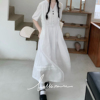bm4.11显瘦的小白裙v领蘑菇扣短袖松紧，腰百搭简约连衣裙