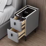 小型窄智能床头柜简约现代无线充电卧室皮质床头置物架实木小边?