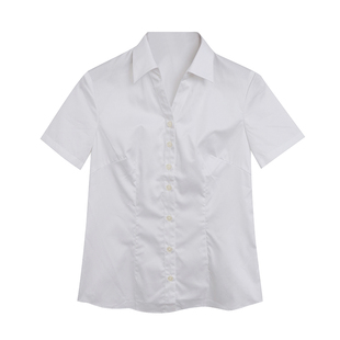 外贸夏季100%棉纯白色短袖衬衫女士收腰显瘦职业装衬衣配西装上衣