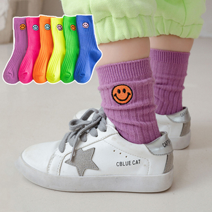 儿童袜子春秋薄款中筒袜纯棉女童潮糖果荧光色堆堆袜韩国男童短袜