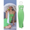 mimiplange女连衣裙挂脖水钻，绿色针织弹力，包臀收腰度假法式
