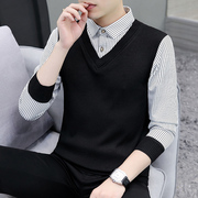 假两件长袖衬衫领毛衣，男春秋冬季韩版潮流，加绒加厚保暖针织打底衫