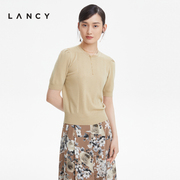 LANCY/朗姿羊毛圆领针织衫女2022秋季高级半袖通勤针织衫女