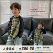 韩国童装帅气男孩迷彩t恤2024男童秋装上衣儿童插肩长袖体恤