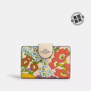 Coach Outlet 中号花卉印花转角拉链钱包 - 银色/象牙色 美国奥