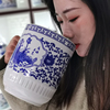 青花瓷茶杯中式复古釉下彩，景德镇单杯办公杯家用大号带盖水杯商用