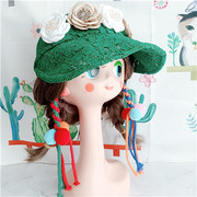 VINTAGE文艺复古撞色绿色花朵镂空蕾丝遮阳折叠空顶马尾发带帽子