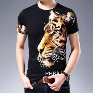 夏季男士带霸气短袖T恤 个性3D大老虎头动物图案印花半袖体恤衫潮