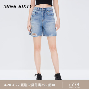 Miss Sixty2024夏季牛仔短裤女破洞设计高腰直筒复古风五分裤