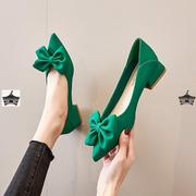 蝴蝶结绿色高跟鞋粗跟低跟3厘米仙女时尚性感小清新百搭新娘婚鞋