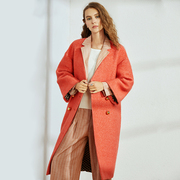 羊毛呢外套女中长款秋冬宽松气质显瘦v领双排扣橙色呢子大衣