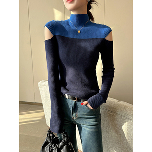 pinkeen蓝拼色半高领长袖针织衫，女春季2024镂空时尚洋气毛衣