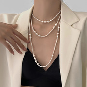 东大门珍珠几何长款项链法式复古气质毛衣链小众设计感项饰女
