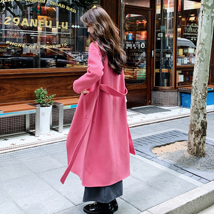 极速玫红色呢子大衣女冬季2024韩版今年流行宽松中长款毛呢外