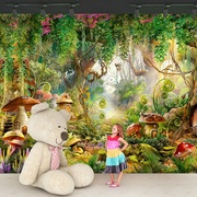 藤蔓森林童话蘑菇屋壁纸主题，装修儿童房森系壁画幼儿园，背景布墙纸(布墙纸)