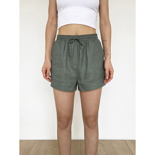 swagal女装夏季薄款法式街头墨绿色亚麻抽绳高腰显瘦宽松休闲短裤