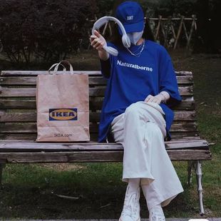 韩国2023夏季纯棉圆领短袖上衣女中长款宝蓝色字母百搭T恤潮