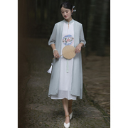 中式禅意茶服女文艺复古中国风女装2023年旗袍假两件连衣裙夏