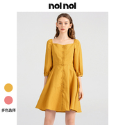 nolnol法式气质连衣裙女夏方领收腰修身小众，设计感小个子黄色裙子