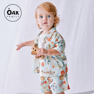 oakfamily儿童家居服套装短袖，夏季竹棉纱布，男女童宝宝睡衣亲子装