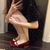 复古红色玛丽珍鞋女2023夏季浅口法式小香风皮鞋粗跟平底单鞋