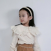 2023秋冬韩国童装，blackpink女孩儿童白色荷叶领衬衣t恤