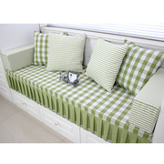 韩式田园飘窗垫窗台，垫绿色格子海绵垫，坐垫木质沙发垫定制