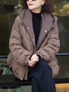 棕色短款棉衣女2023冬季时尚，韩版宽松针织拼接假两件棉服外套