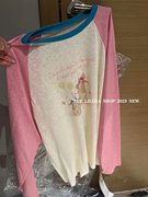 软乎乎的薄款上衣2023韩国插肩粉色撞色印花t恤女夏长袖防晒罩衫
