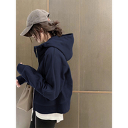 韩国藏青色连帽卫衣外套，女2024春秋，休闲短款拉链开衫上衣