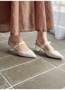日系名媛风甜美蕾丝包头蝴蝶结，透明水晶跟高跟复古优雅气质女拖鞋