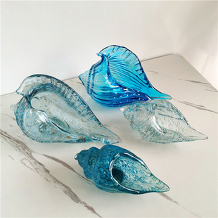 出口国外手工玻璃蓝色大海螺鎏金装饰品摆件家居简约水晶工艺品
