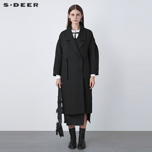 sdeer圣迪奥女装，西装领大口袋茧型长款风衣，大衣s22161803