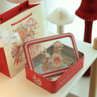 Bunny Lulu长方形胶片天窗马口铁盒喜糖盒伴手礼盒盒曲奇盒红
