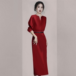 知性OL气质显瘦长裙高级感2024年春装女装红色系带收腰连衣裙