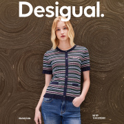 desigual24春夏针织彩色，条纹荷叶摆圆领短袖，女式针织开衫