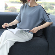 冰丝t恤女2022韩版宽松短袖，一字肩上衣薄蝙蝠针织衫宽松中袖